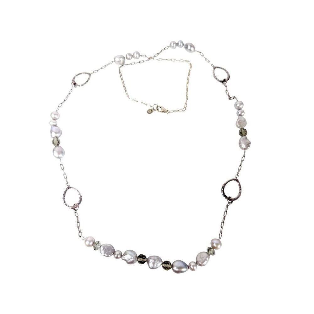 Lucas Lameth Lucoral LUC Sterling Silver Pearls Station Chain Necklace